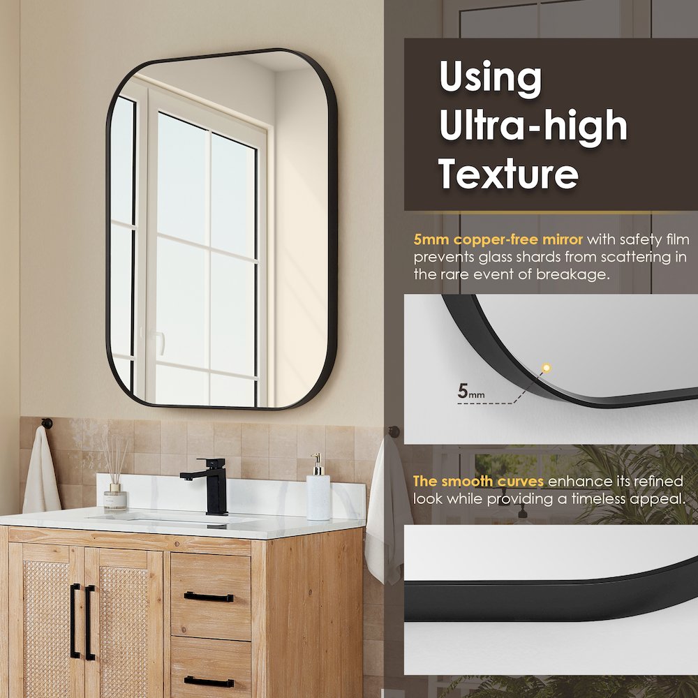 36x30" Rectangular Aluminum Framed in Matte Black Modern Bathroom Wall Mirror. Picture 9