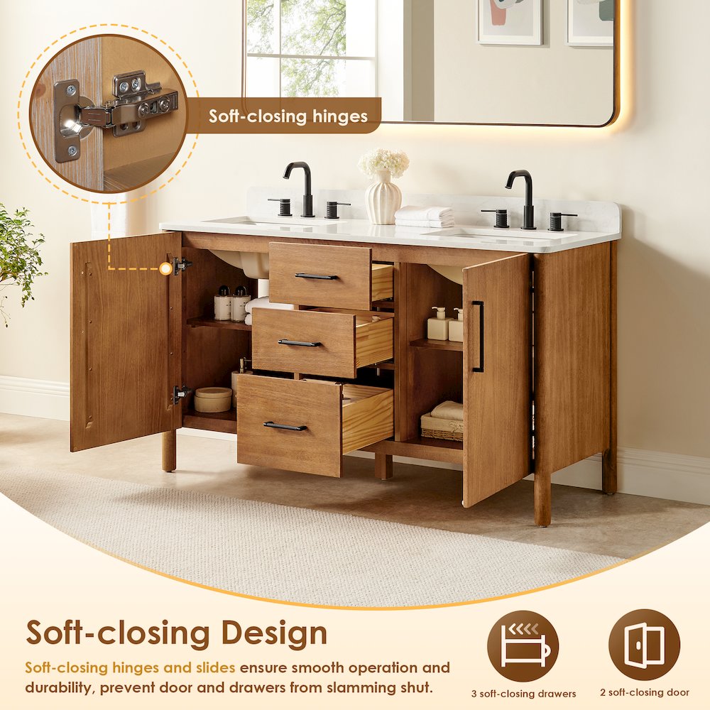 60" Double Bathroom Vanity in Mango Brown with Grain White. Picture 11