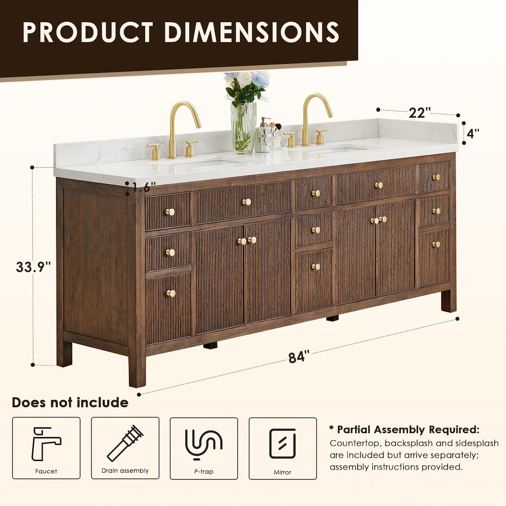 Double Bathroom Vanity in Brown Oak Grain White Engineered Stone Countertop. Picture 12
