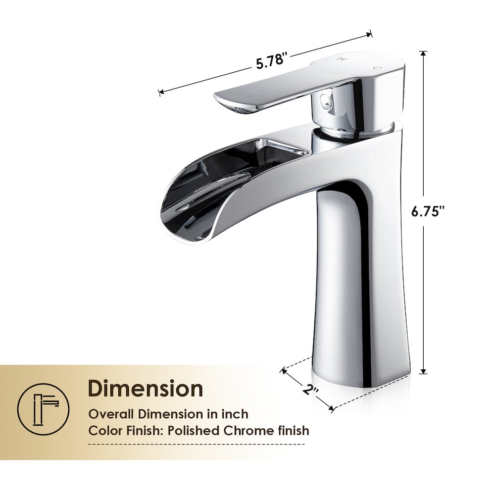 Single Hole Single-Handle Waterfall Bathroom Faucet in Polished Chrome. Picture 11