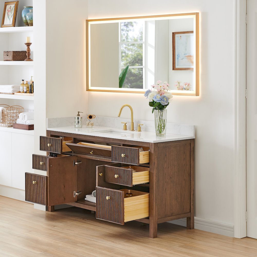 Single Bathroom Vanity in Brown Oak Grain White Engineered Stone Countertop. Picture 4