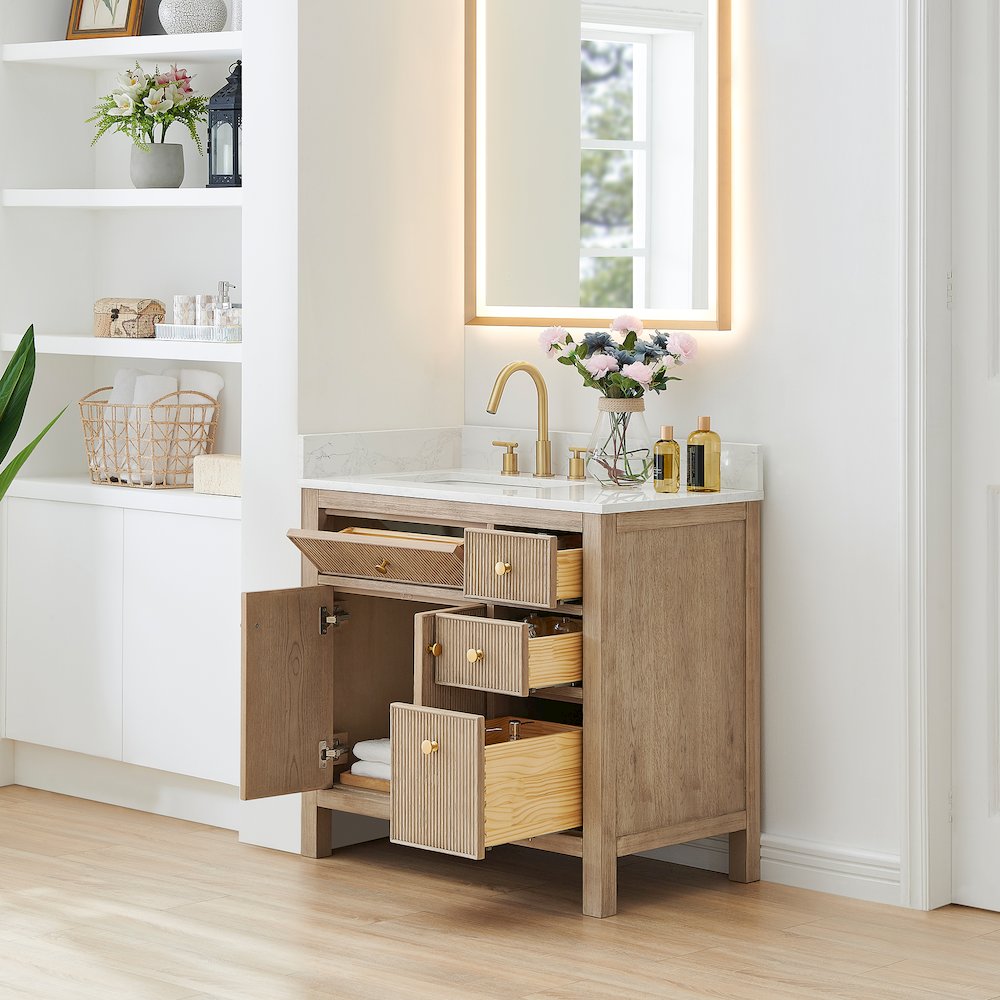 Single Bathroom Vanity in Nature Oak Grain White Engineered Stone Countertop. Picture 4