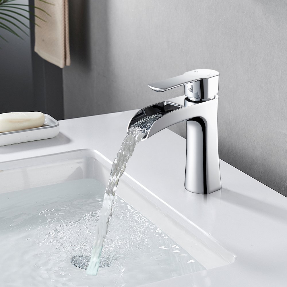 Single Hole Single-Handle Waterfall Bathroom Faucet in Polished Chrome. Picture 6