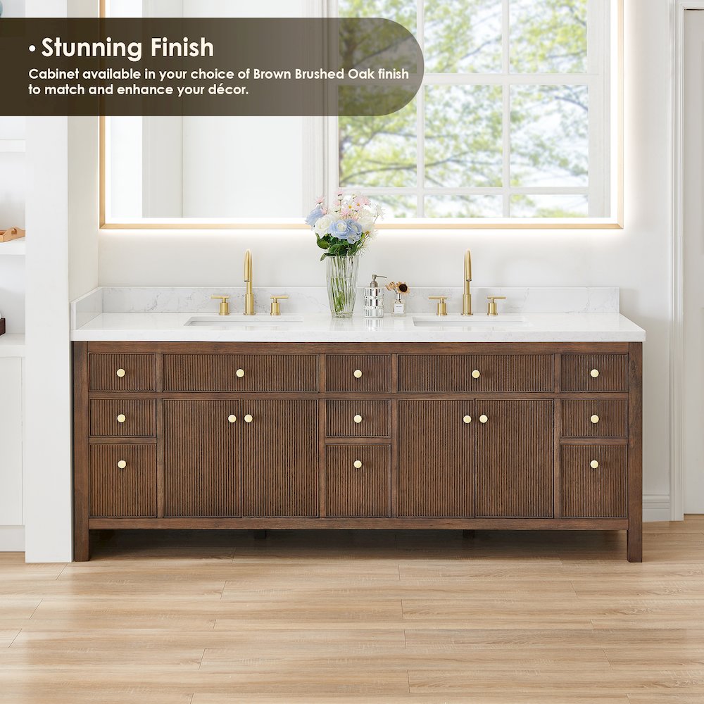 Double Bathroom Vanity in Brown Oak Grain White Engineered Stone Countertop. Picture 9