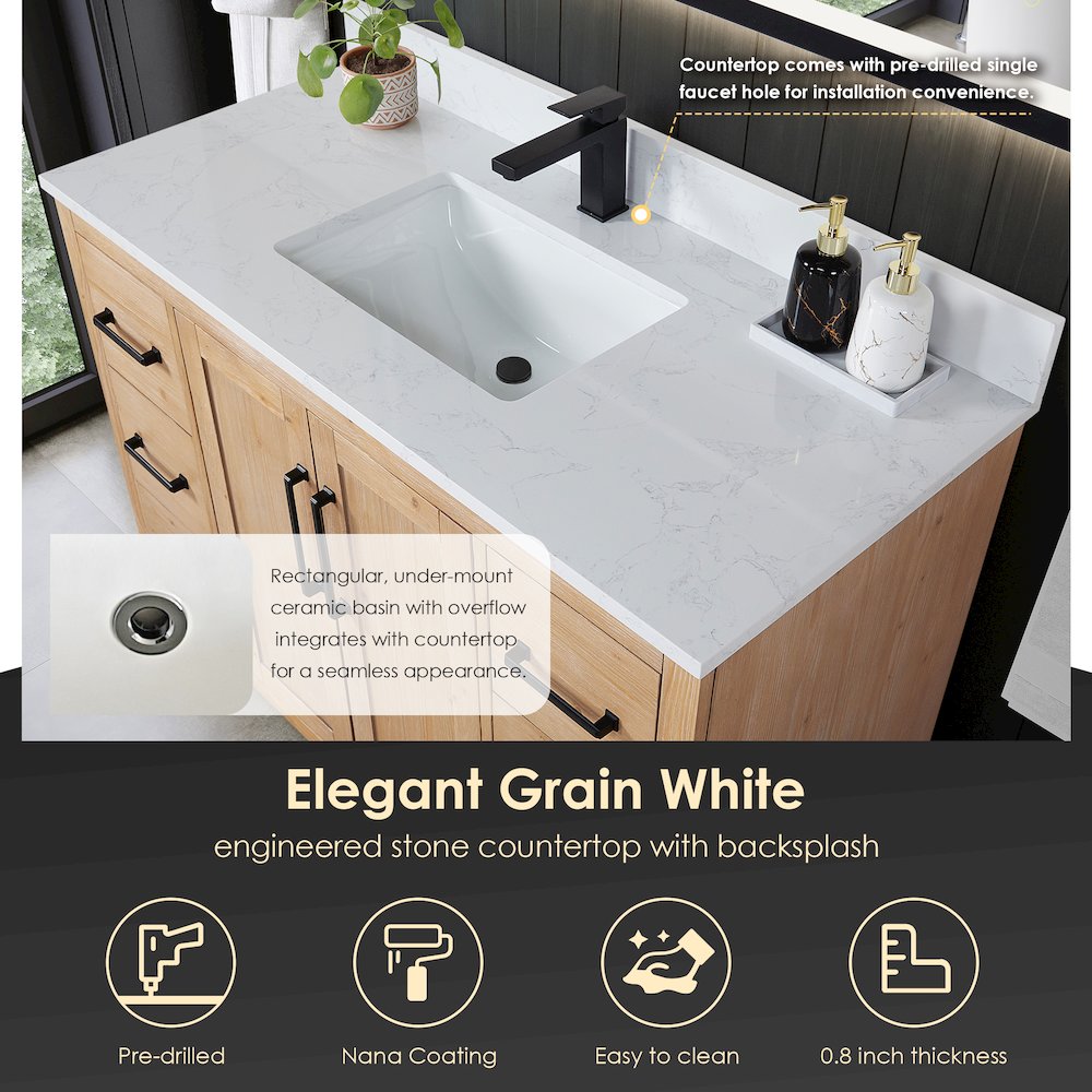 48" Single Bathroom Vanity with Grain White Countertop without Mirror. Picture 6