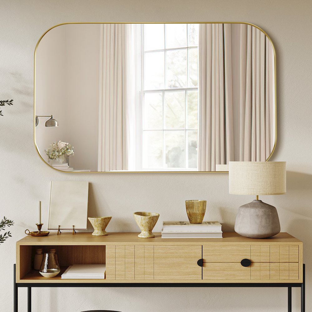 48x30" Rectangular Aluminum Framed in Brushed Gold Modern Bathroom Wall Mirror. Picture 5