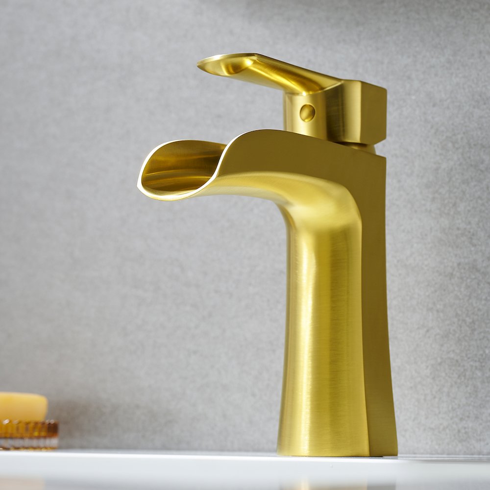Single Hole Single-Handle Waterfall Bathroom Faucet in Brushed Gold. Picture 2
