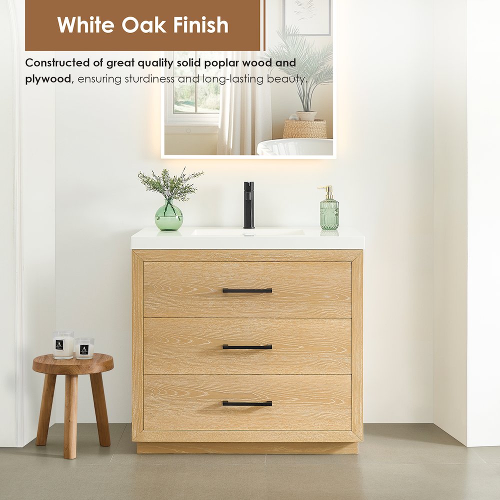 36" Single Bathroom Vanity in White Oak with White Artificial Drop-in Sink. Picture 8