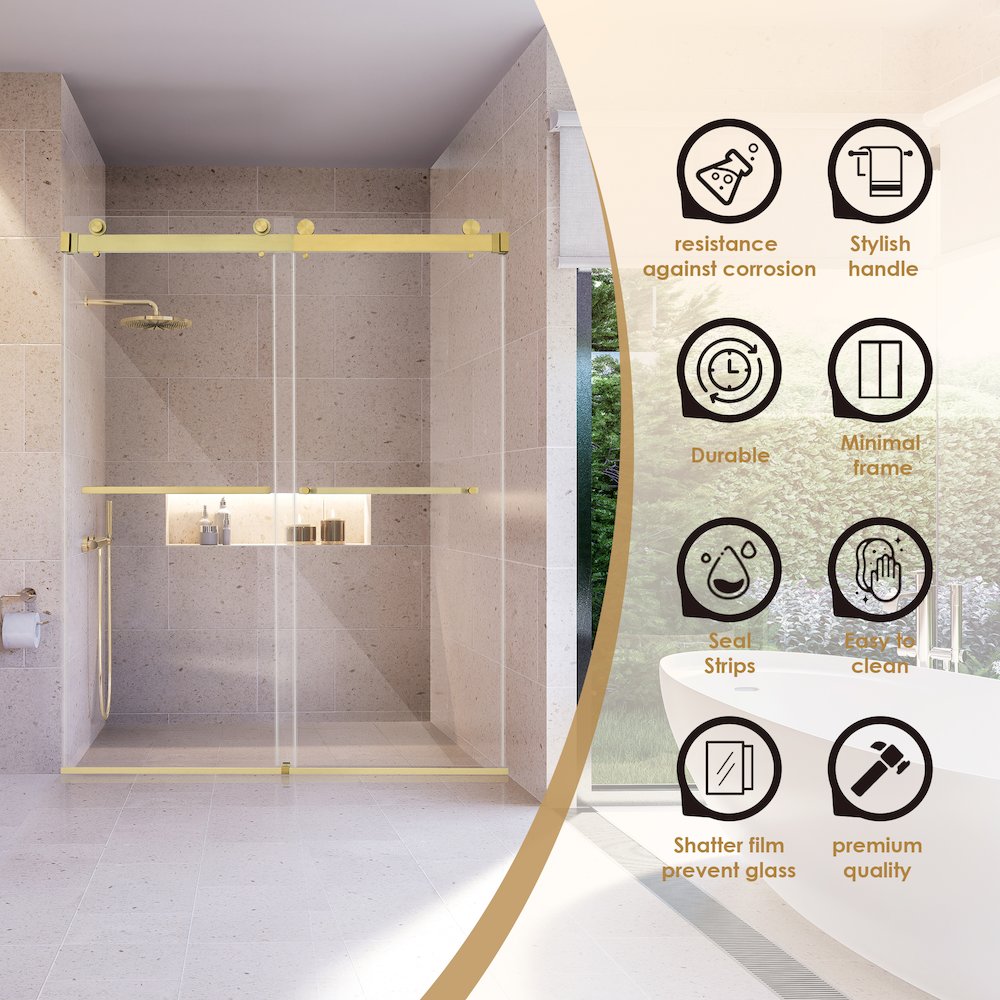 Frameless Exposed Roller Shower Door in Brushed Gold with Clear Glass. Picture 7