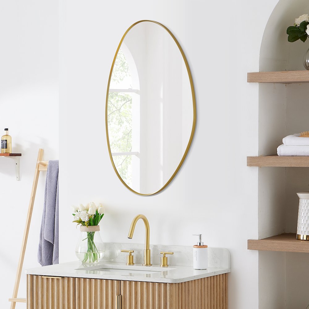 28"x36" Irregular Aluminum Framed in Brushed Gold Modern Bathroom Wall Mirror. Picture 3