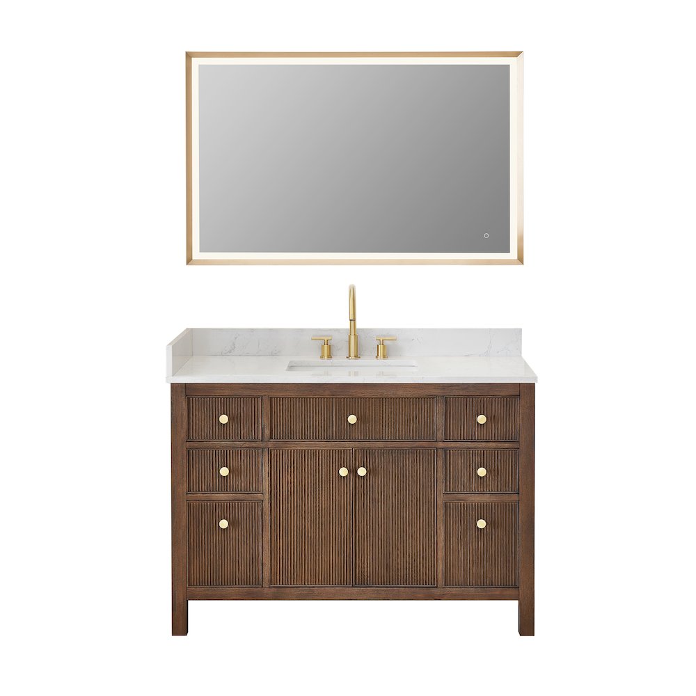 Single Bathroom Vanity in Brown Oak Grain White Engineered Stone Countertop. Picture 1