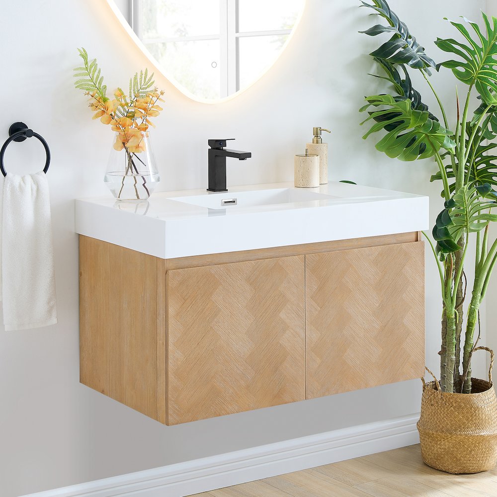 Single Bathroom Vanity in Light Brown White Artificial Drop-in Sink. Picture 4