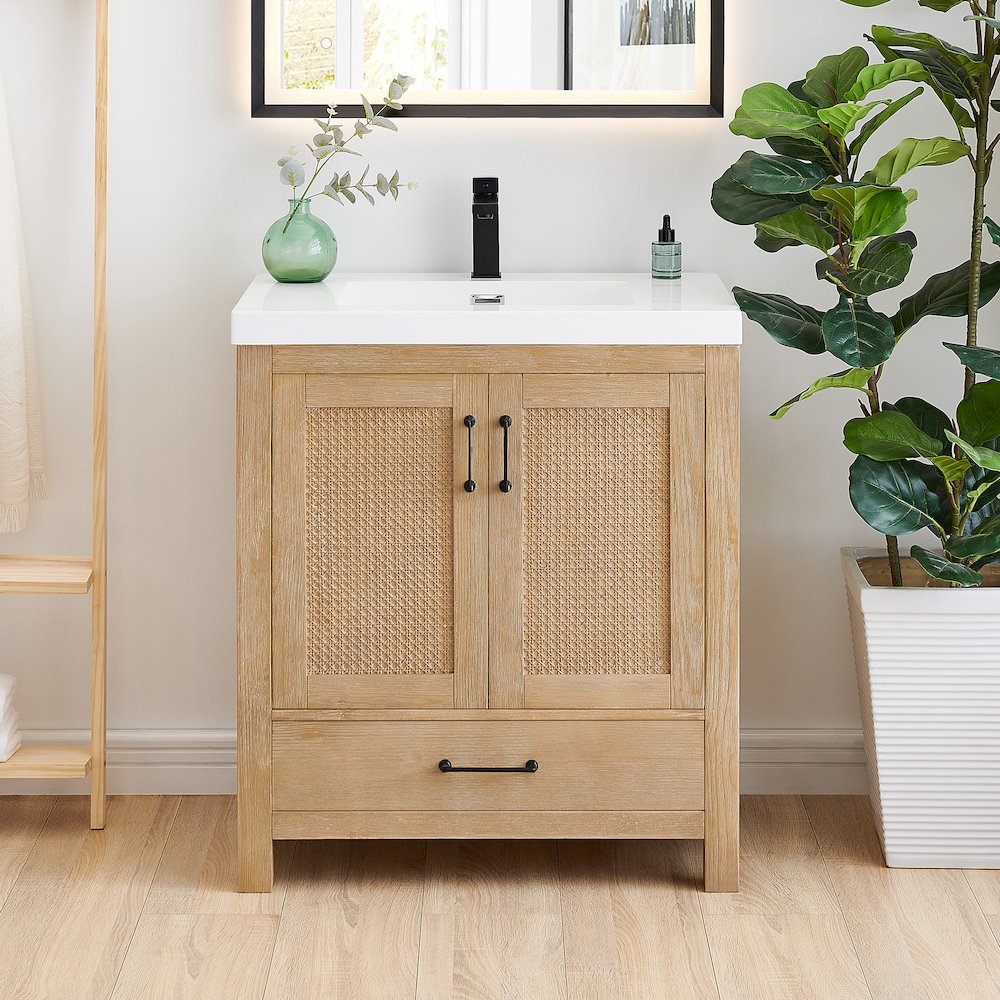 Single Bathroom Vanity in Light Brown White Artificial Drop-in Sink. Picture 2
