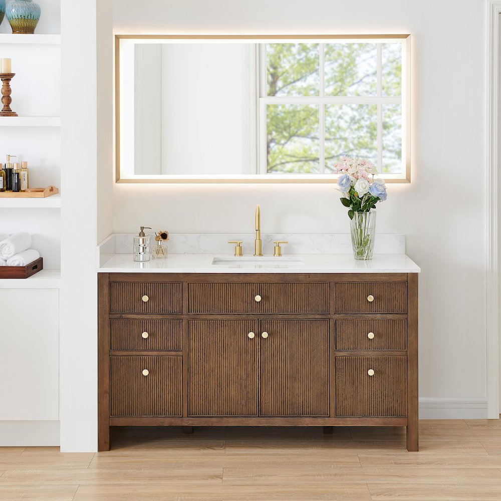 Single Bathroom Vanity in Brown Oak Grain White Engineered Stone Countertop. Picture 2