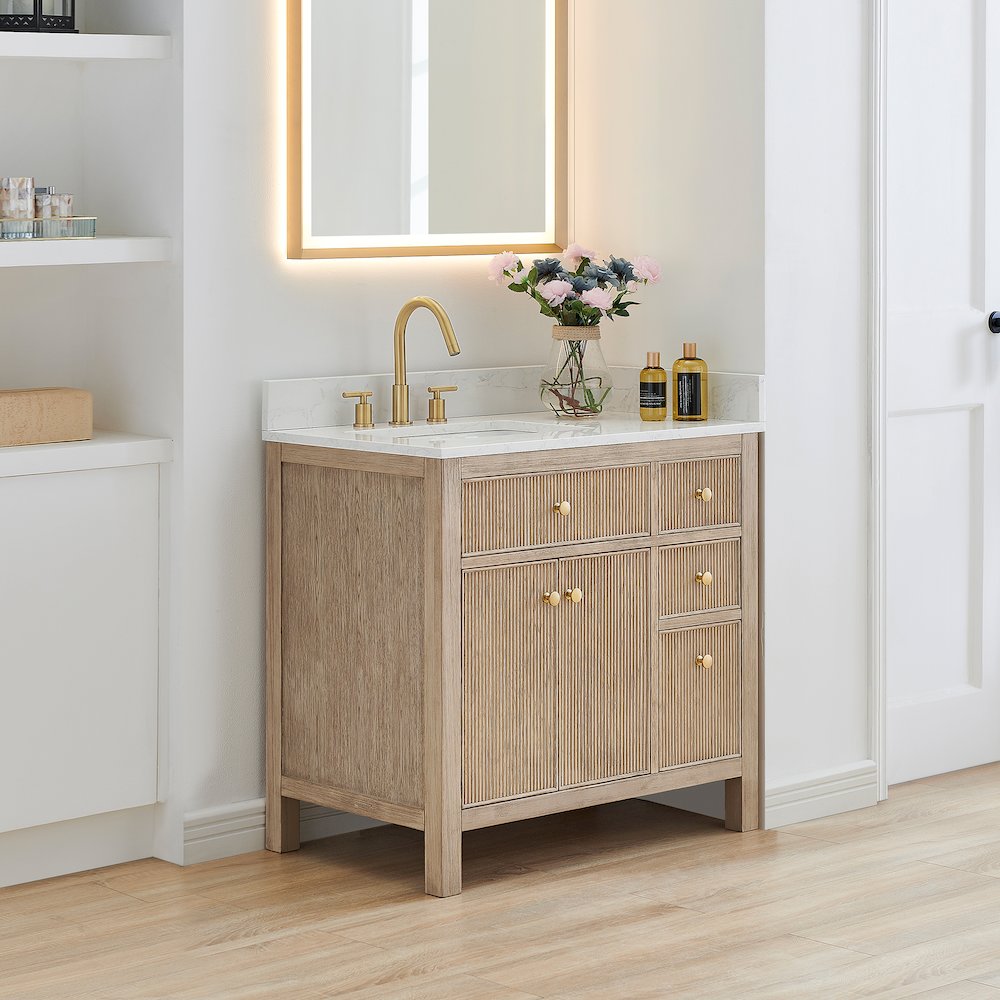 Single Bathroom Vanity in Nature Oak Grain White Engineered Stone Countertop. Picture 3