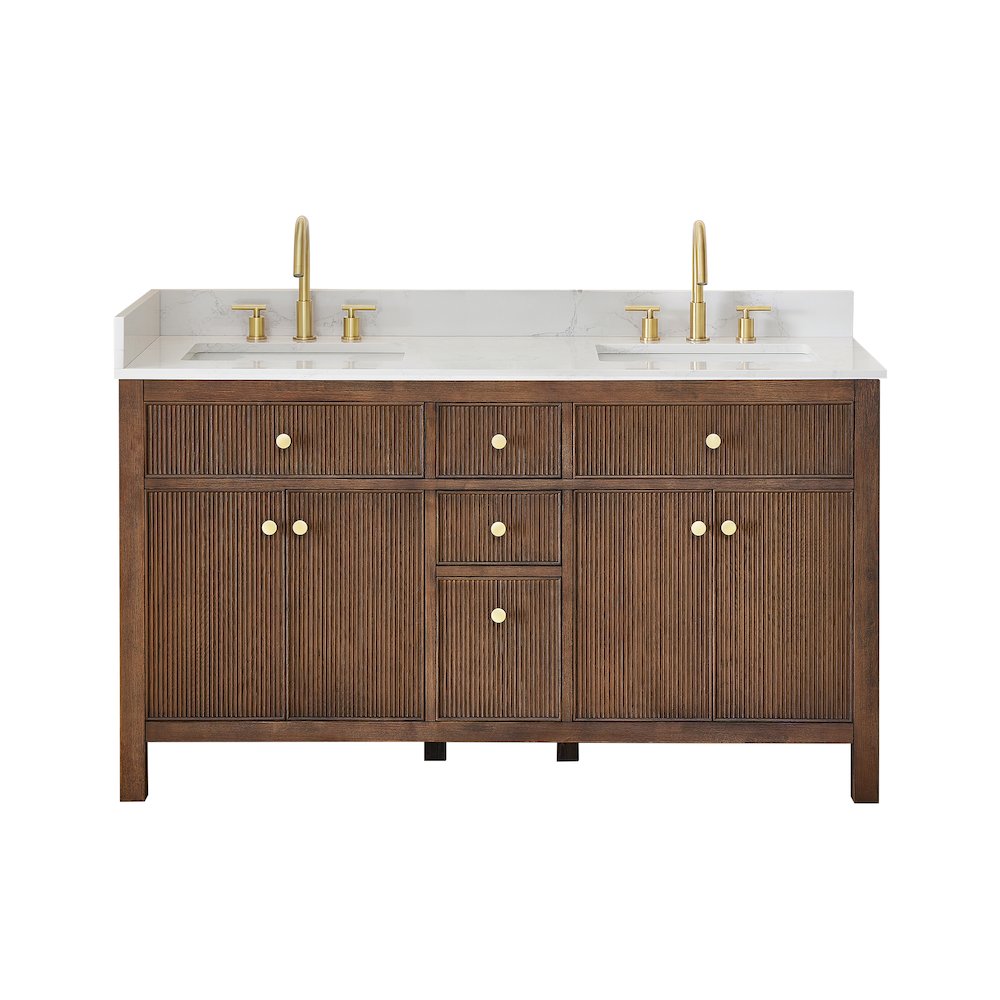 Double Bathroom Vanity in Brown Oak Grain White Engineered Stone Countertop. Picture 1