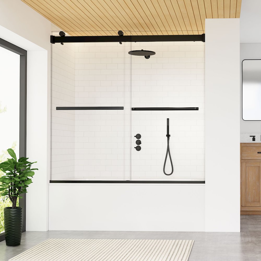 Marcelo 60" W x 58" H By Pass Frameless Tub Door in Matte Black with Clear Glass. Picture 3