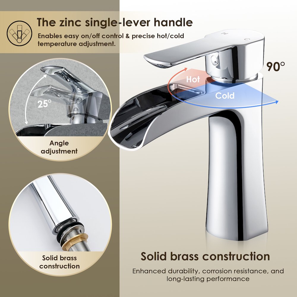 Single Hole Single-Handle Waterfall Bathroom Faucet in Polished Chrome. Picture 9