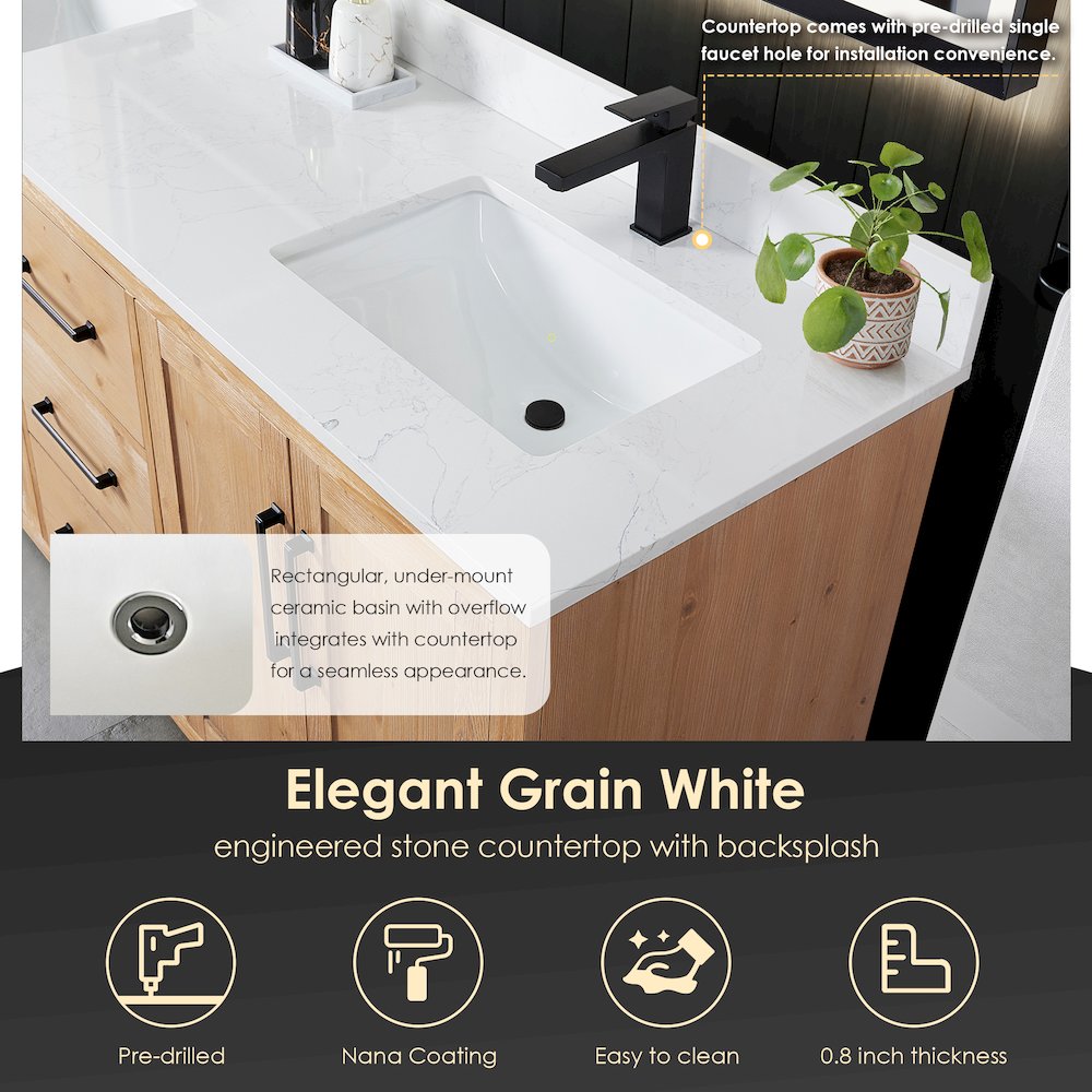 72" Double Bathroom Vanity with Grain White Countertop without Mirror. Picture 6