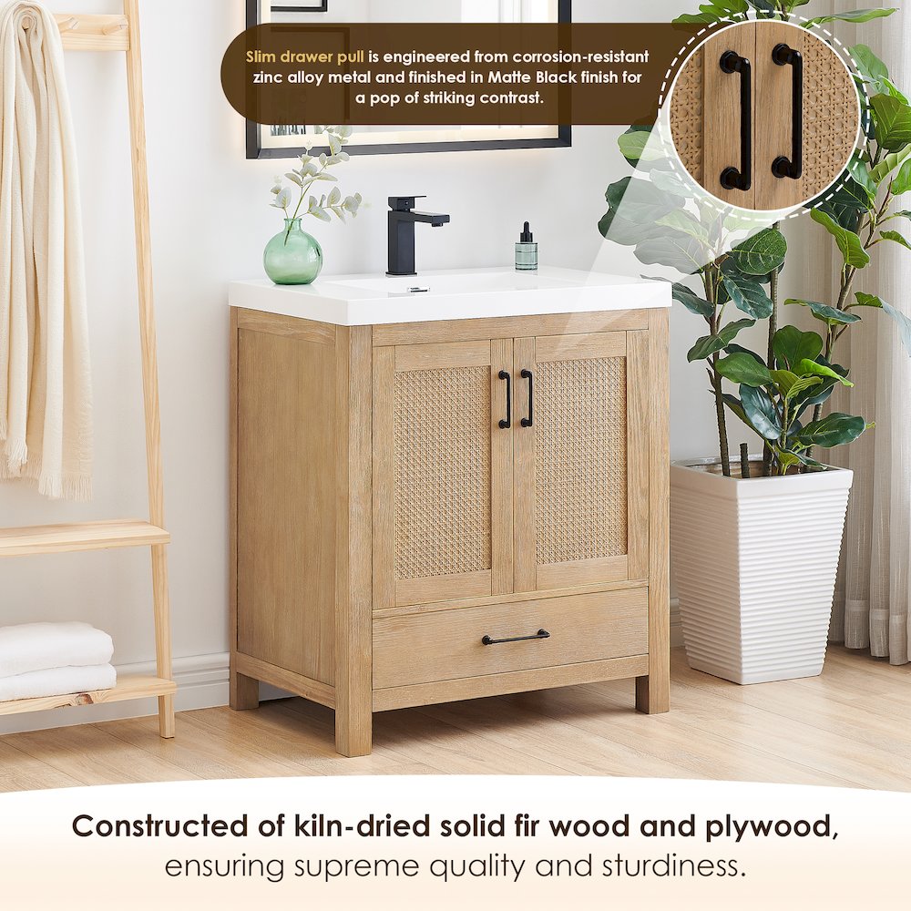 Single Bathroom Vanity in Light Brown White Artificial Drop-in Sink. Picture 6