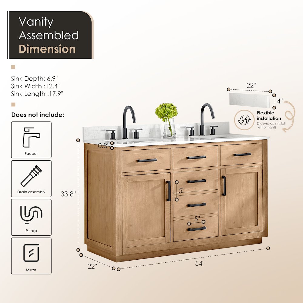 54" Double Bathroom Vanity in Light Brown with Grain White. Picture 10