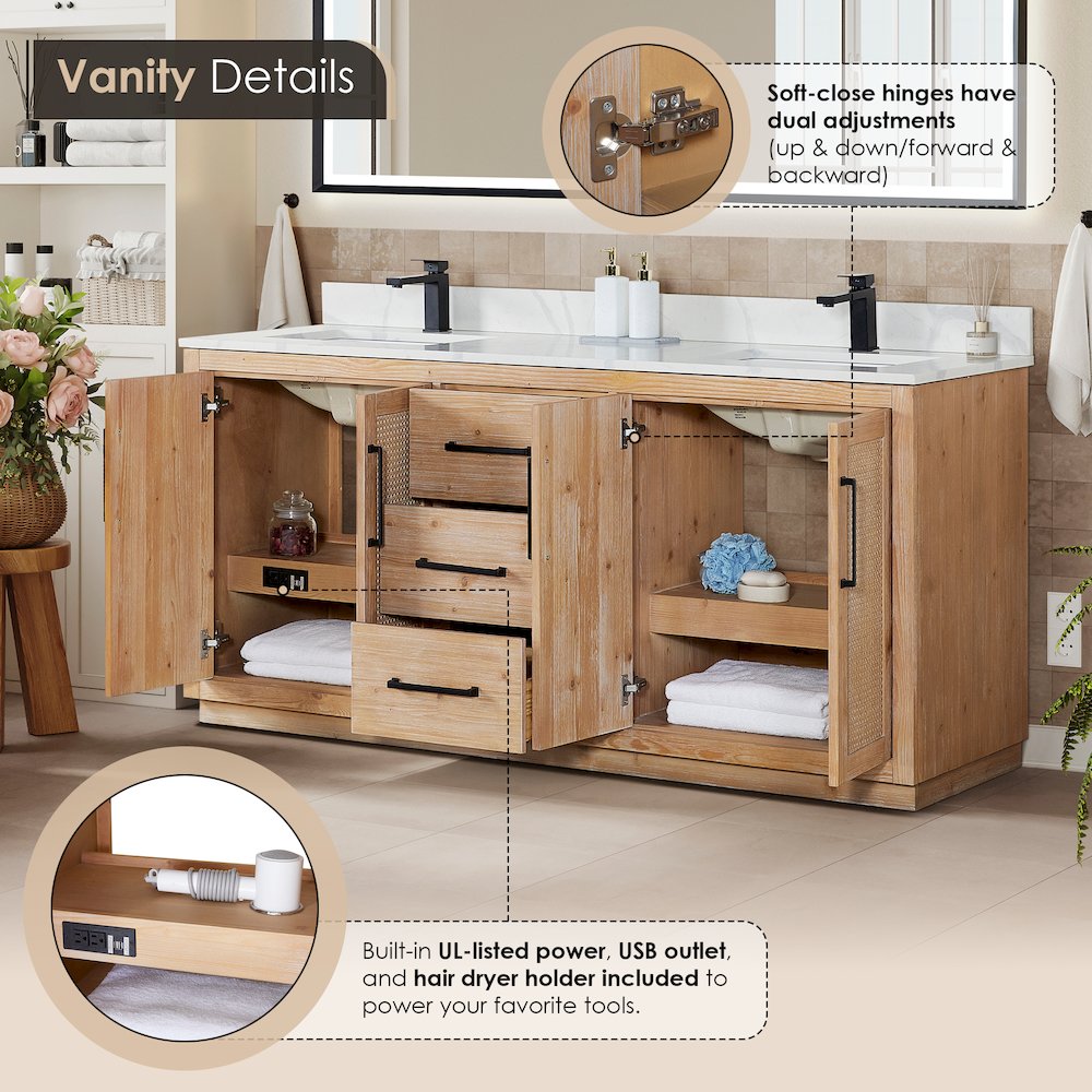 72" Double Bathroom Vanity with Calacatta White Quartz Countertop without Mirror. Picture 9