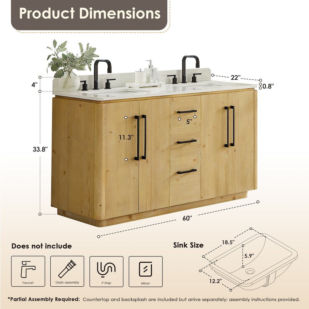 60" Double Bathroom Vanity in Nature Brown with Grain White. Picture 12