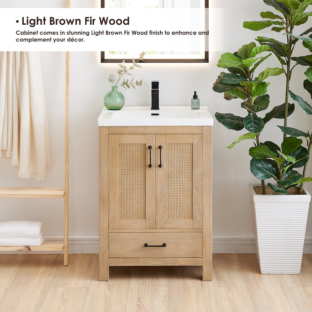 Single Bathroom Vanity in Light Brown White Ceramic Drop-in Sink. Picture 5