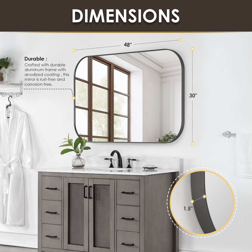 48x30" Rectangular Aluminum Framed in Gunmetal Modern Bathroom Wall Mirror. Picture 12