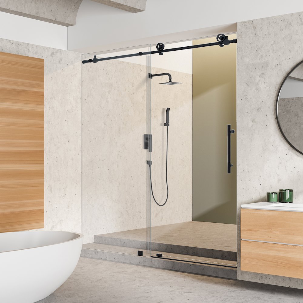 Single Sliding Frameless Shower Door in Matte Black with Clear Glass. Picture 4