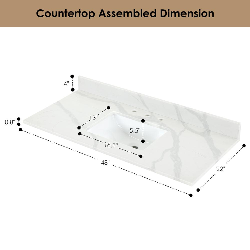 Arbios 48. in Quartz Stone Vanity Top in Calacatta White with White Sink. Picture 7