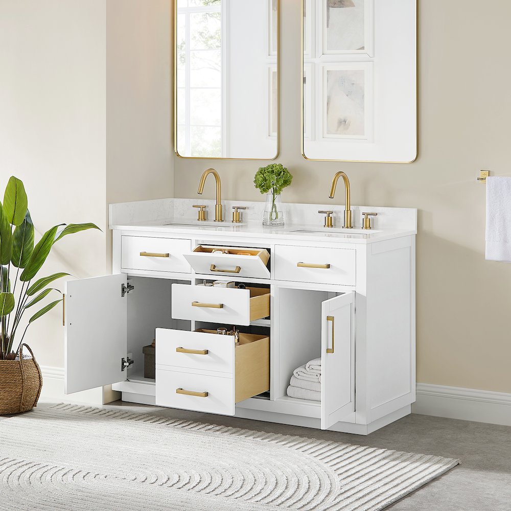 54" Double Bathroom Vanity in White with Grain White. Picture 4