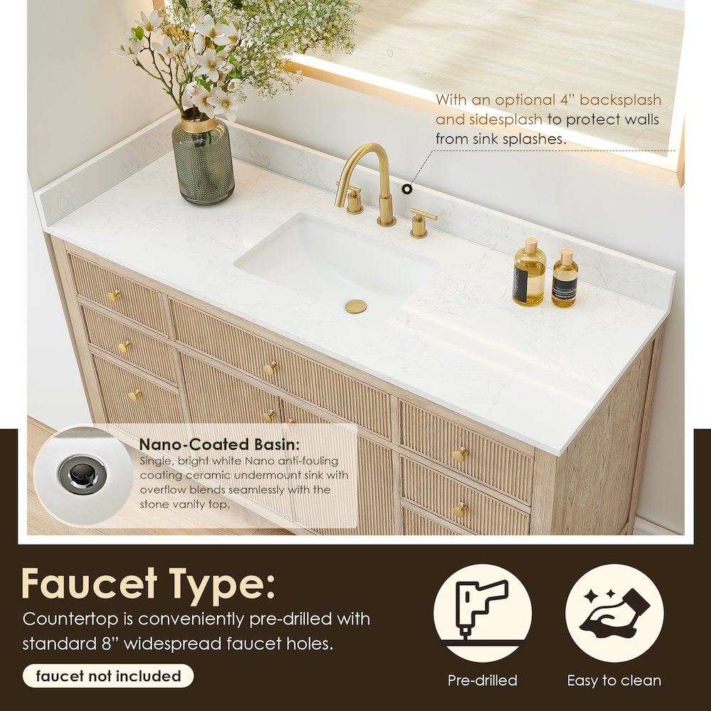 Single Bathroom Vanity in Nature Oak Grain White Engineered Stone Countertop. Picture 7