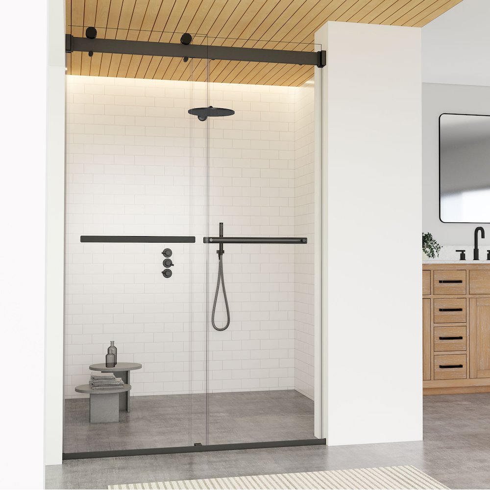 By Pass Frameless Shower Door in Matte Black with Clear Glass. Picture 4