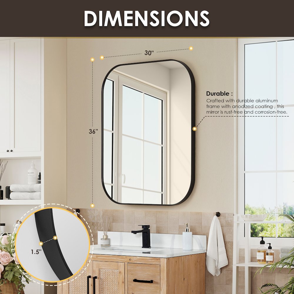 36x30" Rectangular Aluminum Framed in Matte Black Modern Bathroom Wall Mirror. Picture 12
