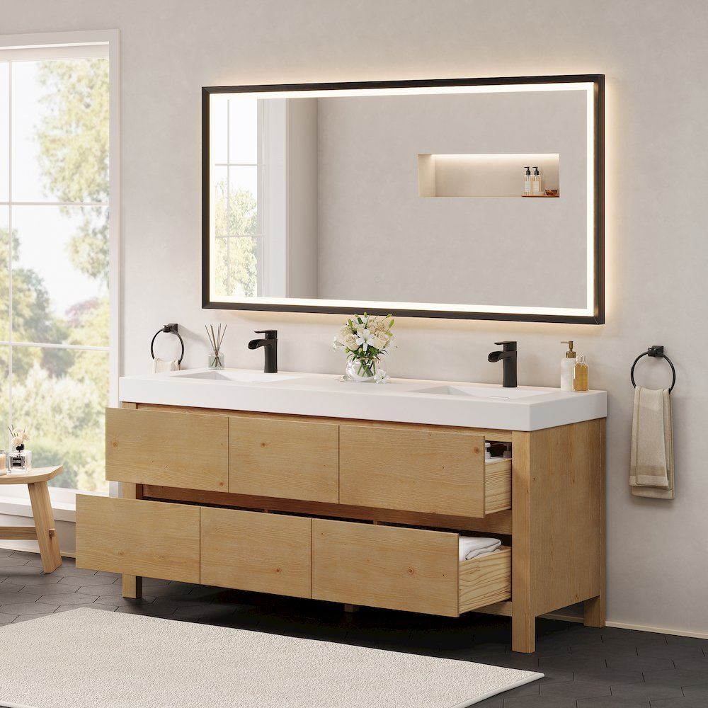 72" Double Bathroom Vanity in with White Artificial Stone Integrated Sink. Picture 4