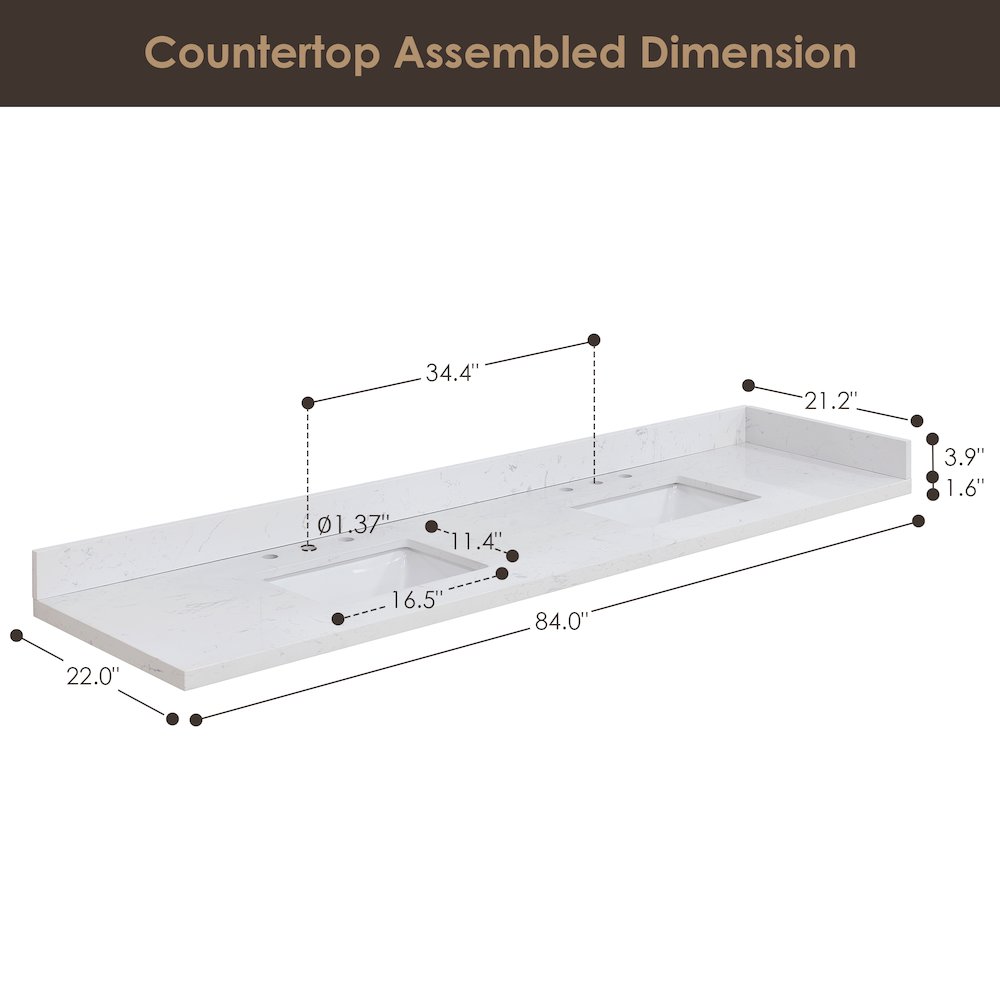 Oderzo 84. in Engineered Stone Vanity Top in Aosta White with White Sink. Picture 9