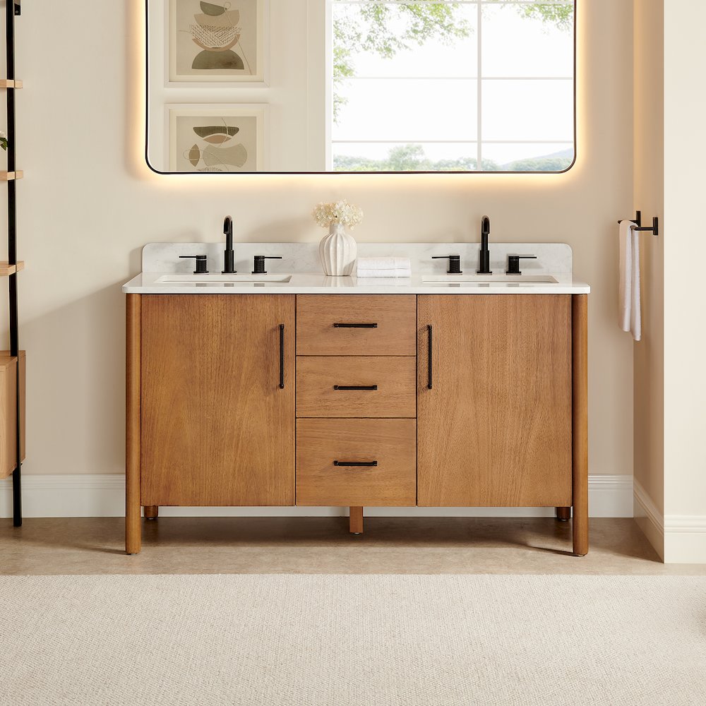 60" Double Bathroom Vanity in Mango Brown with Grain White. Picture 2