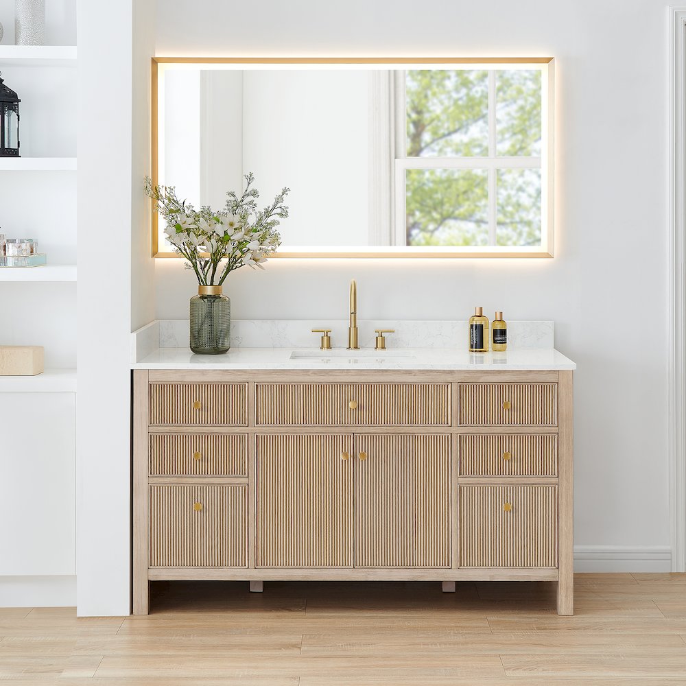 Single Bathroom Vanity in Nature Oak Grain White Engineered Stone Countertop. Picture 2