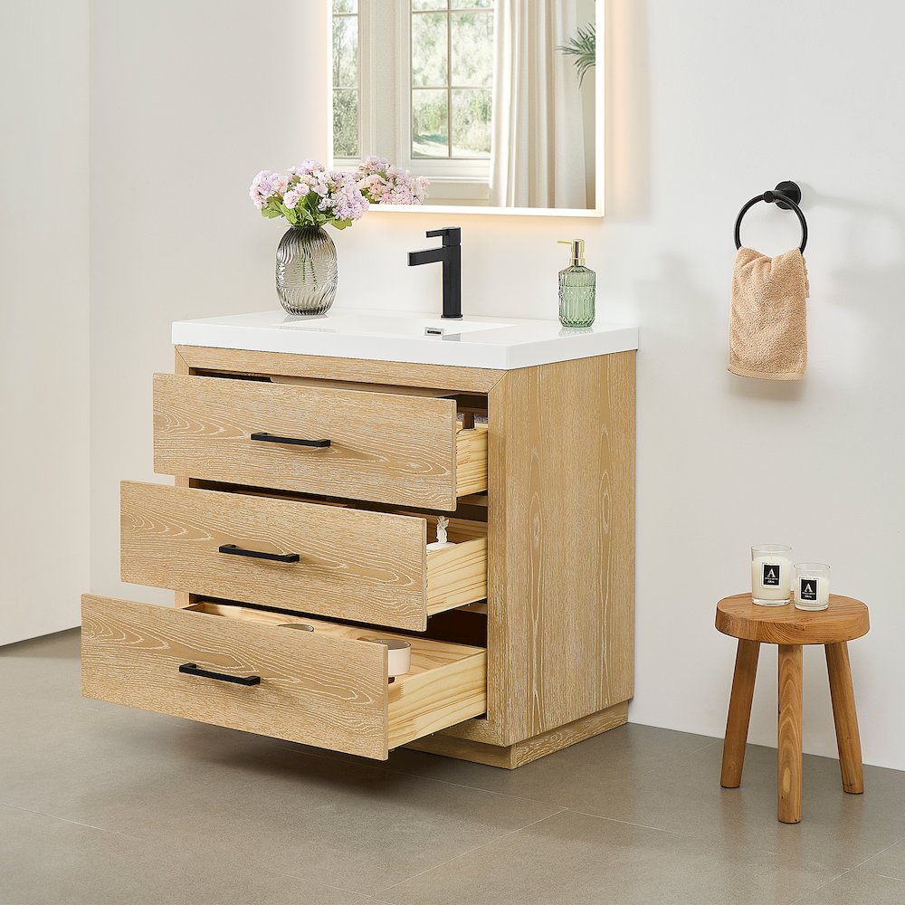 36" Single Bathroom Vanity in White Oak with White Artificial Drop-in Sink. Picture 4