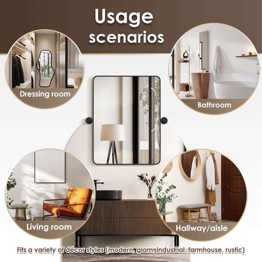 24x32'' Aluminum Framed in Matte Black Modern Bathroom Pivot Wall Mirror. Picture 14