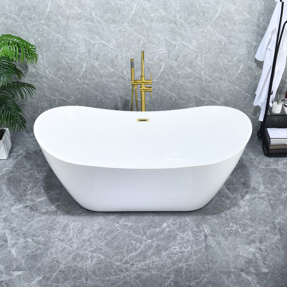 Vansza 67" x 32" Flatbottom Freestanding Acrylic Soaking Bathtub in Glossy White. Picture 9