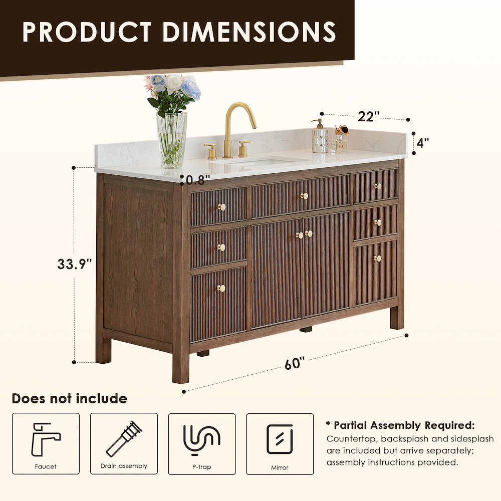 Single Bathroom Vanity in Brown Oak Grain White Engineered Stone Countertop. Picture 11