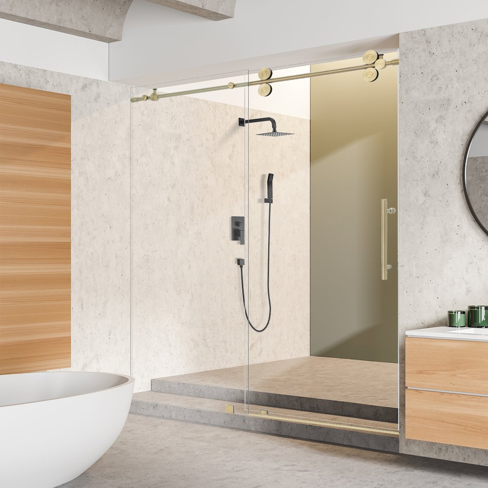 Single Sliding Frameless Shower Door in Brushed Gold with Clear Glass. Picture 4