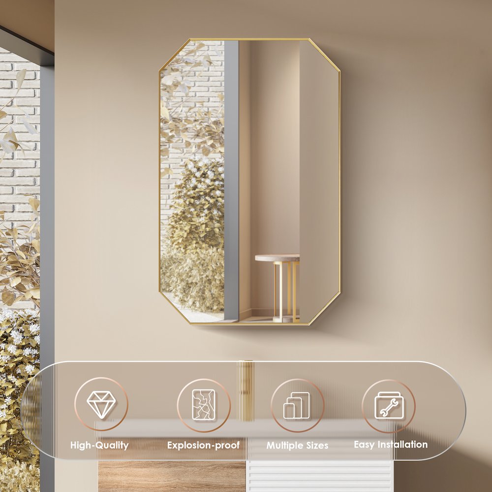 24"x36" Octagon Aluminum Framed in Brushed Gold Modern Bathroom Wall Mirror. Picture 7