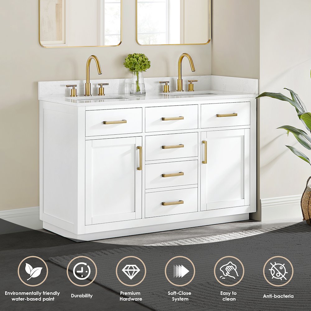 54" Double Bathroom Vanity in White with Grain White. Picture 5