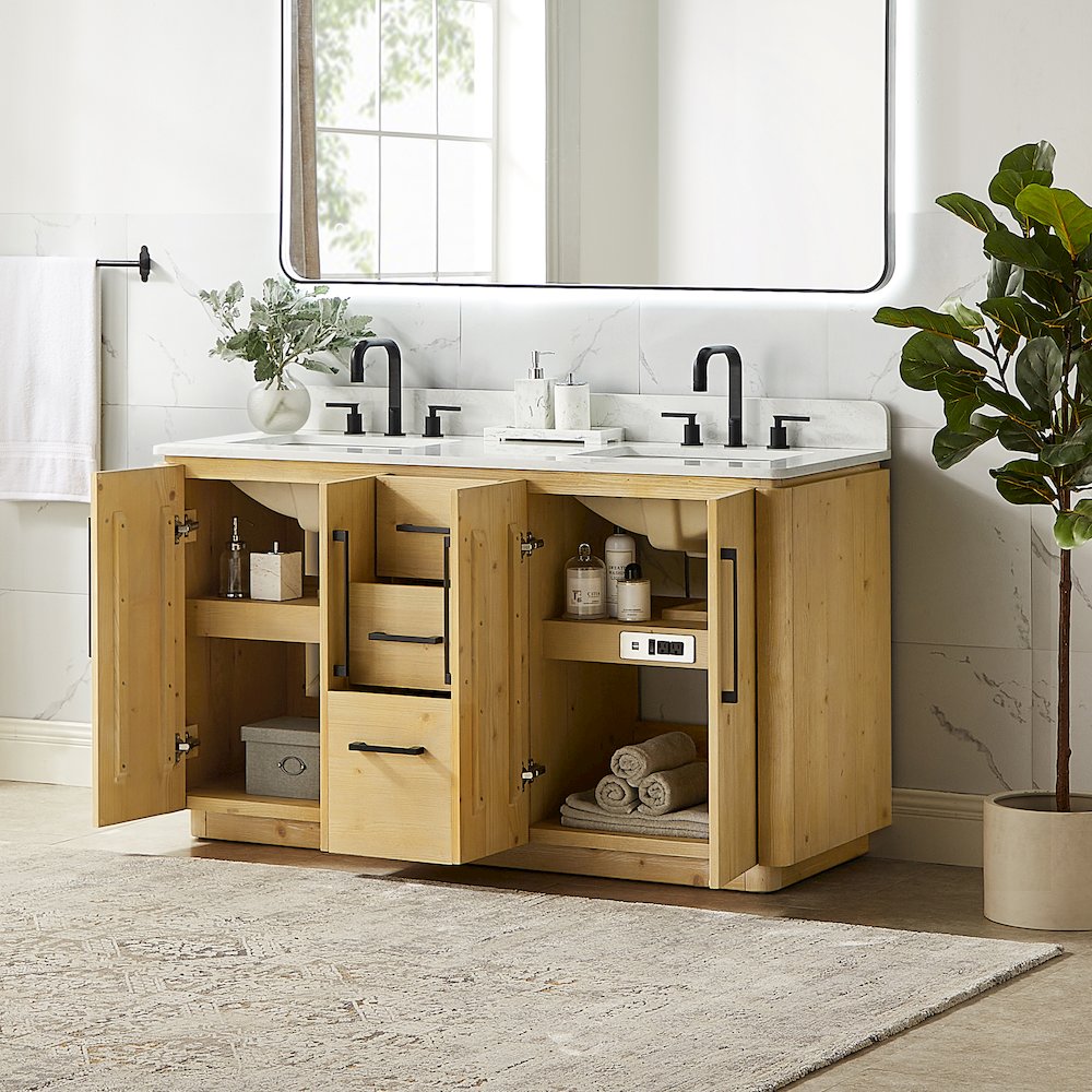 60" Double Bathroom Vanity in Nature Brown with Grain White. Picture 4