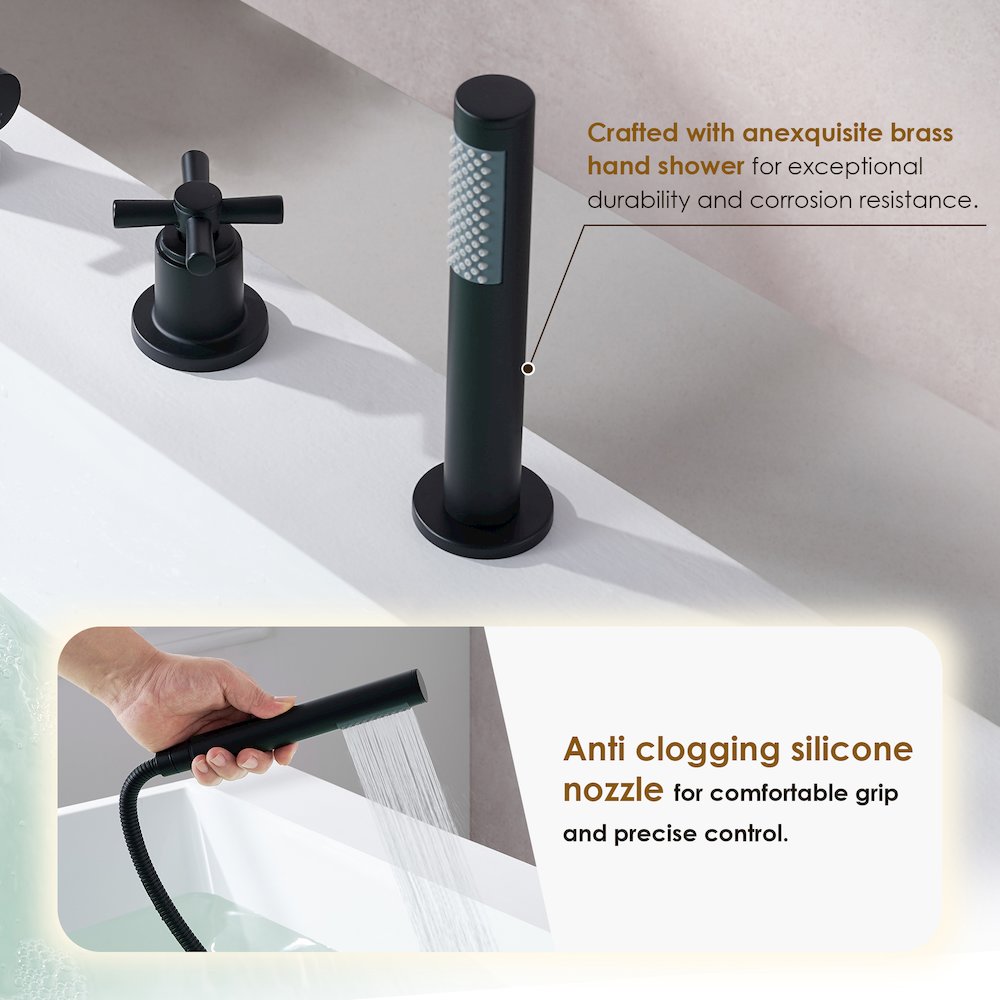 Cross Handles Deck-Mount Roman Tub Faucet in Matte Black with Handshower. Picture 9
