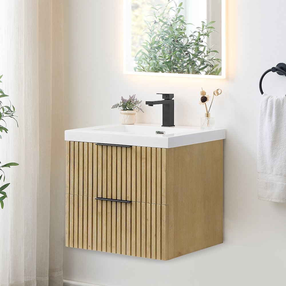 Single Bathroom Vanity in Nature Brown White Artificial Drop-in Sink. Picture 3