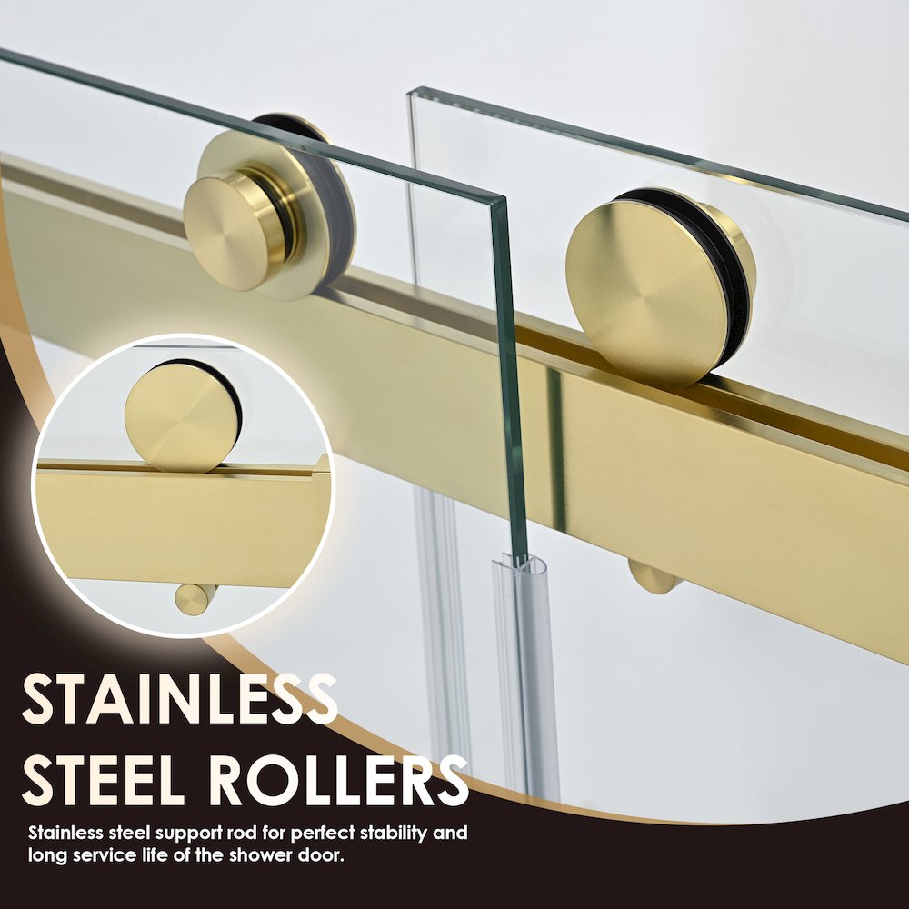 Frameless Exposed Roller Shower Door in Brushed Gold with Clear Glass. Picture 8